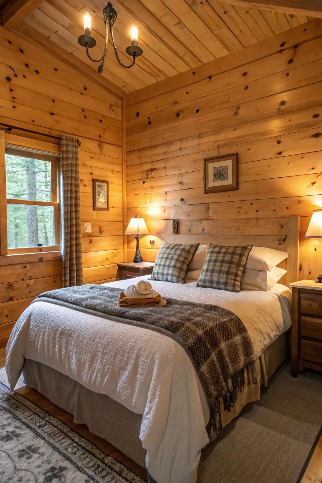 Warm and inviting bedroom with knotty pine details.