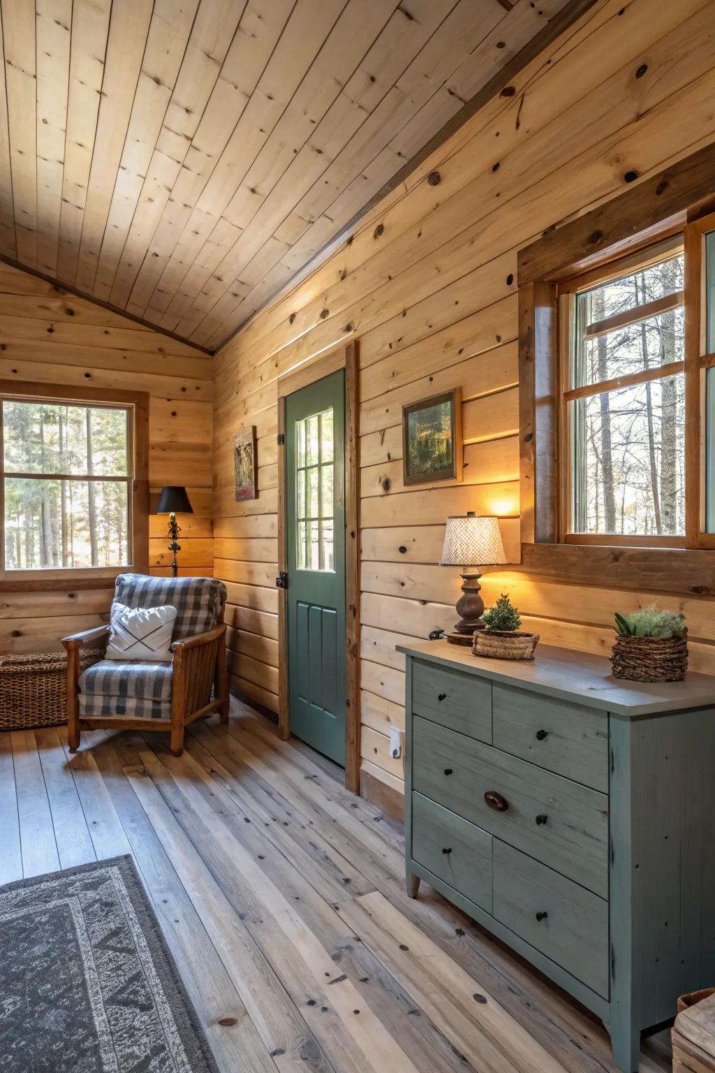 Paint accents adding a stylish contrast to pine wood.