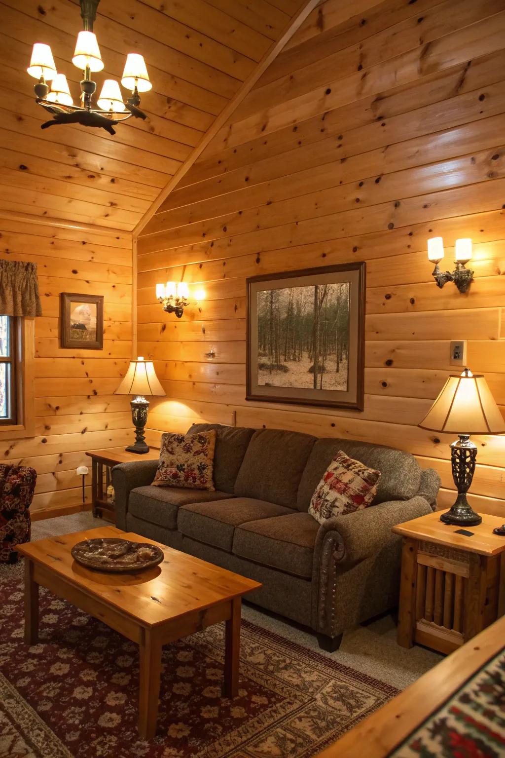 Warm incandescent lighting enriching the wood tones.