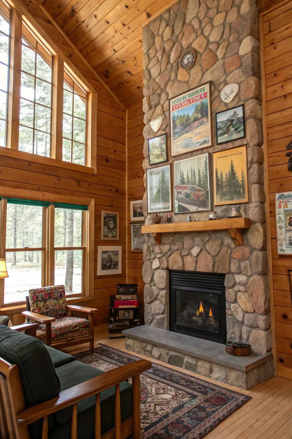 Art pieces adding character on cabin walls.