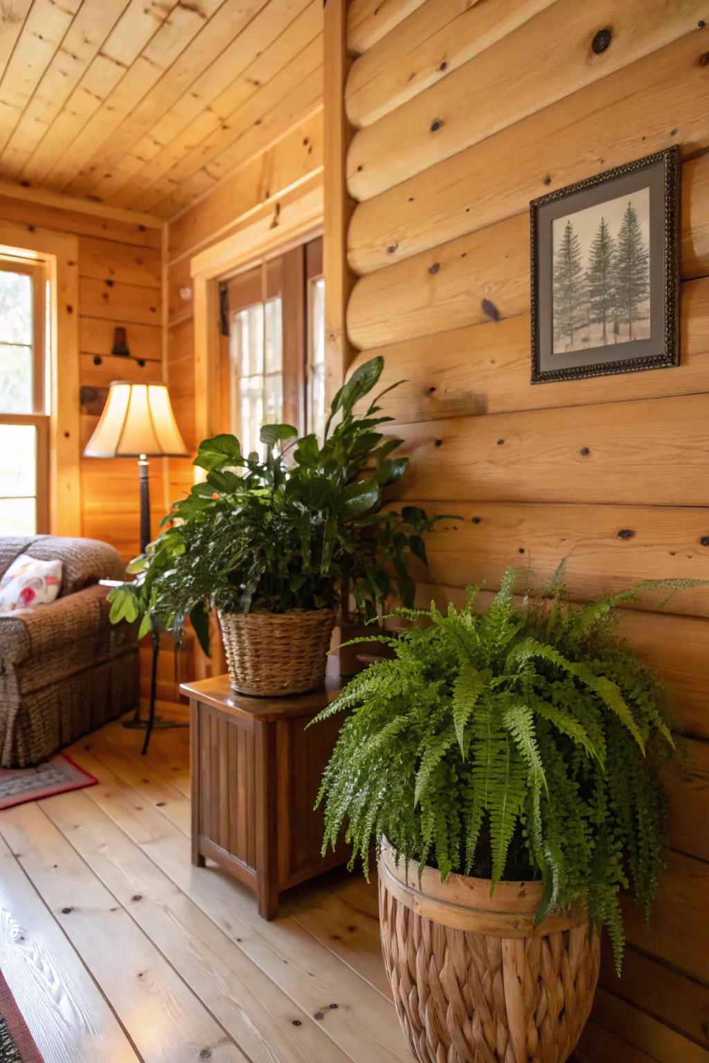 Indoor plants brightening cozy cabin spaces.