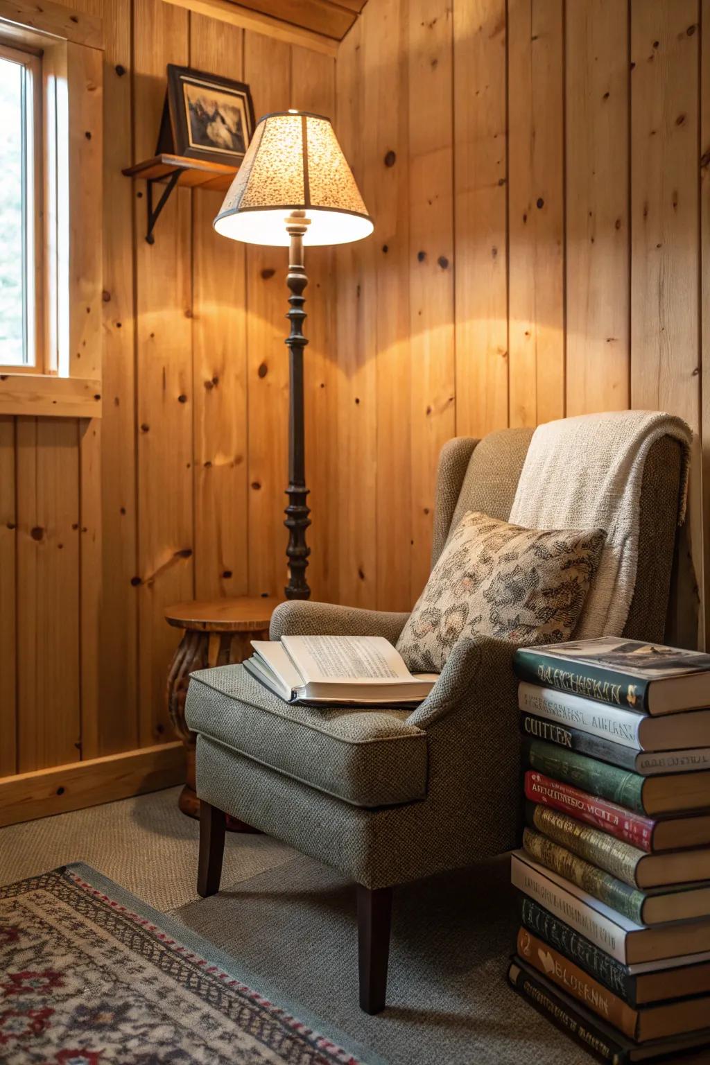 Comfortable reading nook in a cabin corner.