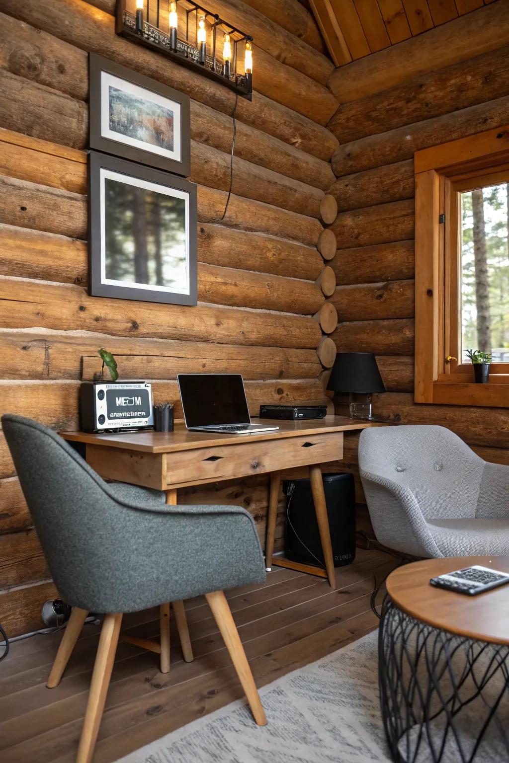 Modern technology integrated with classic knotty pine ambiance.