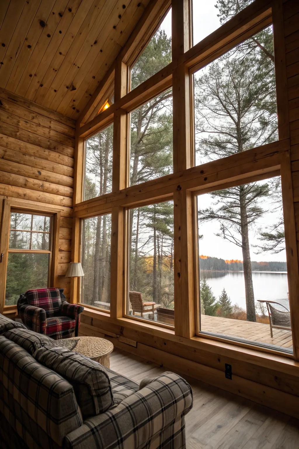 Spacious open-plan cabin interior with expansive windows.
