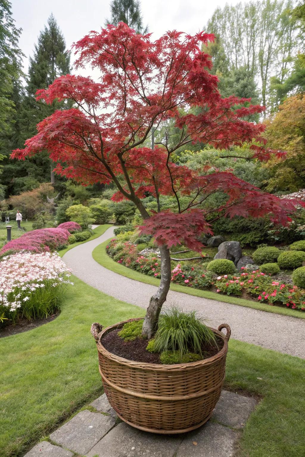 Earthy charm of a Japanese maple nestled in a woven basket.