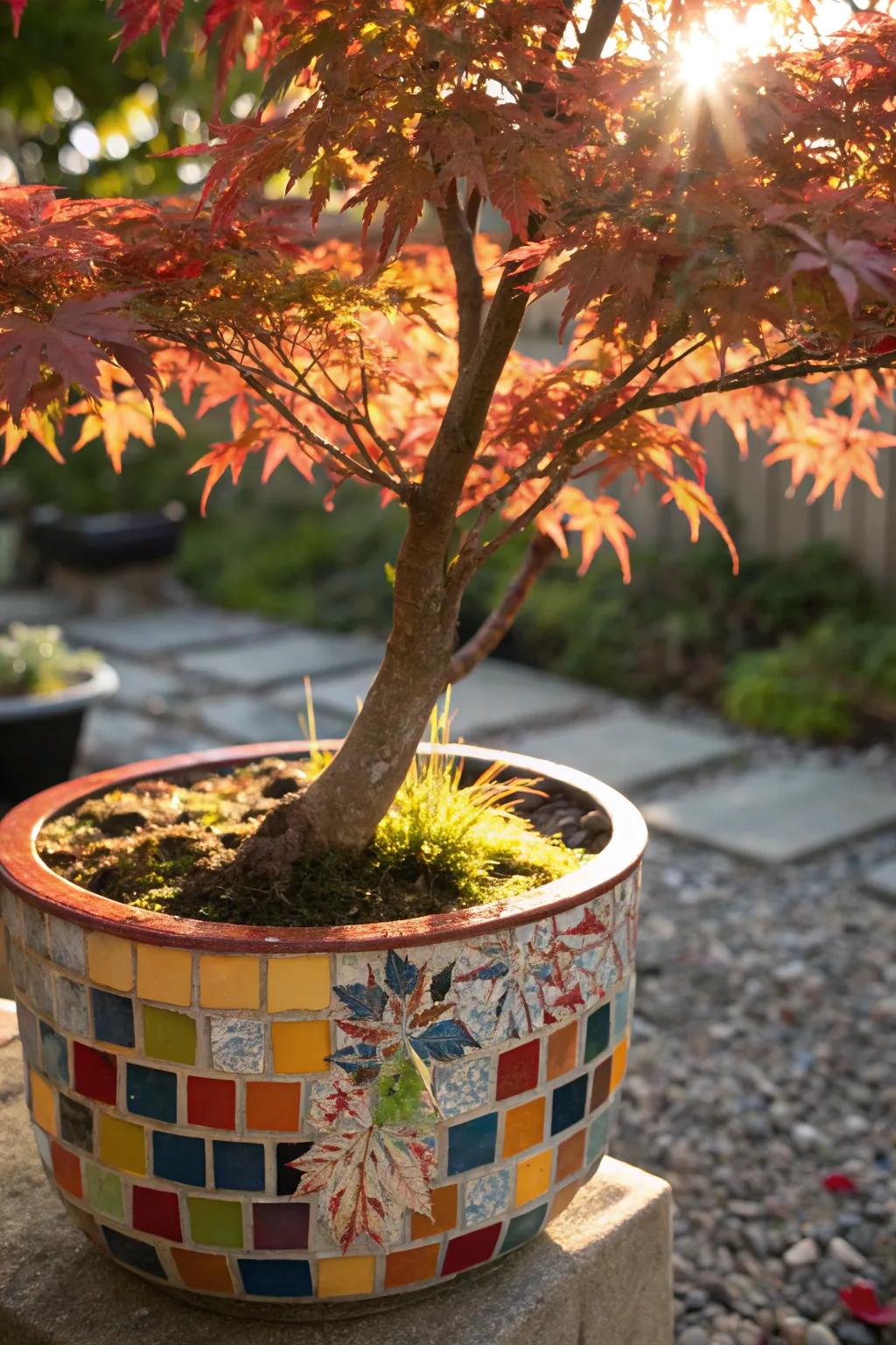 Japanese maple thriving in an artistic mosaic planter.