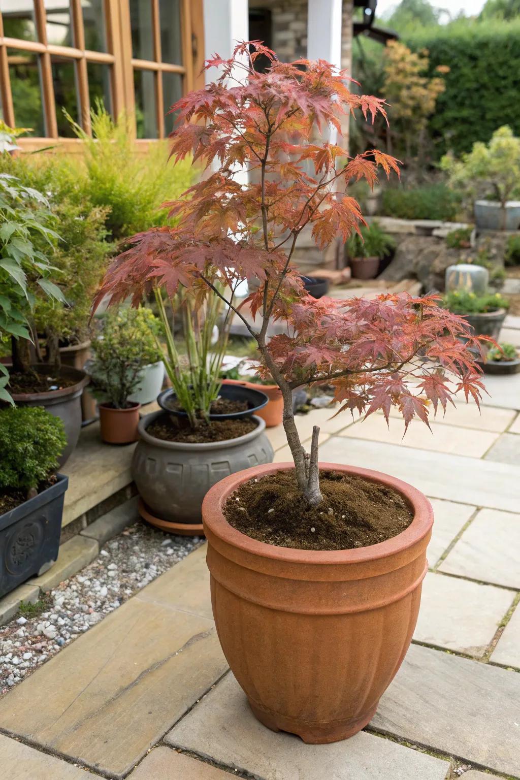 Warmth and tradition from a Japanese maple in a terracotta pot.