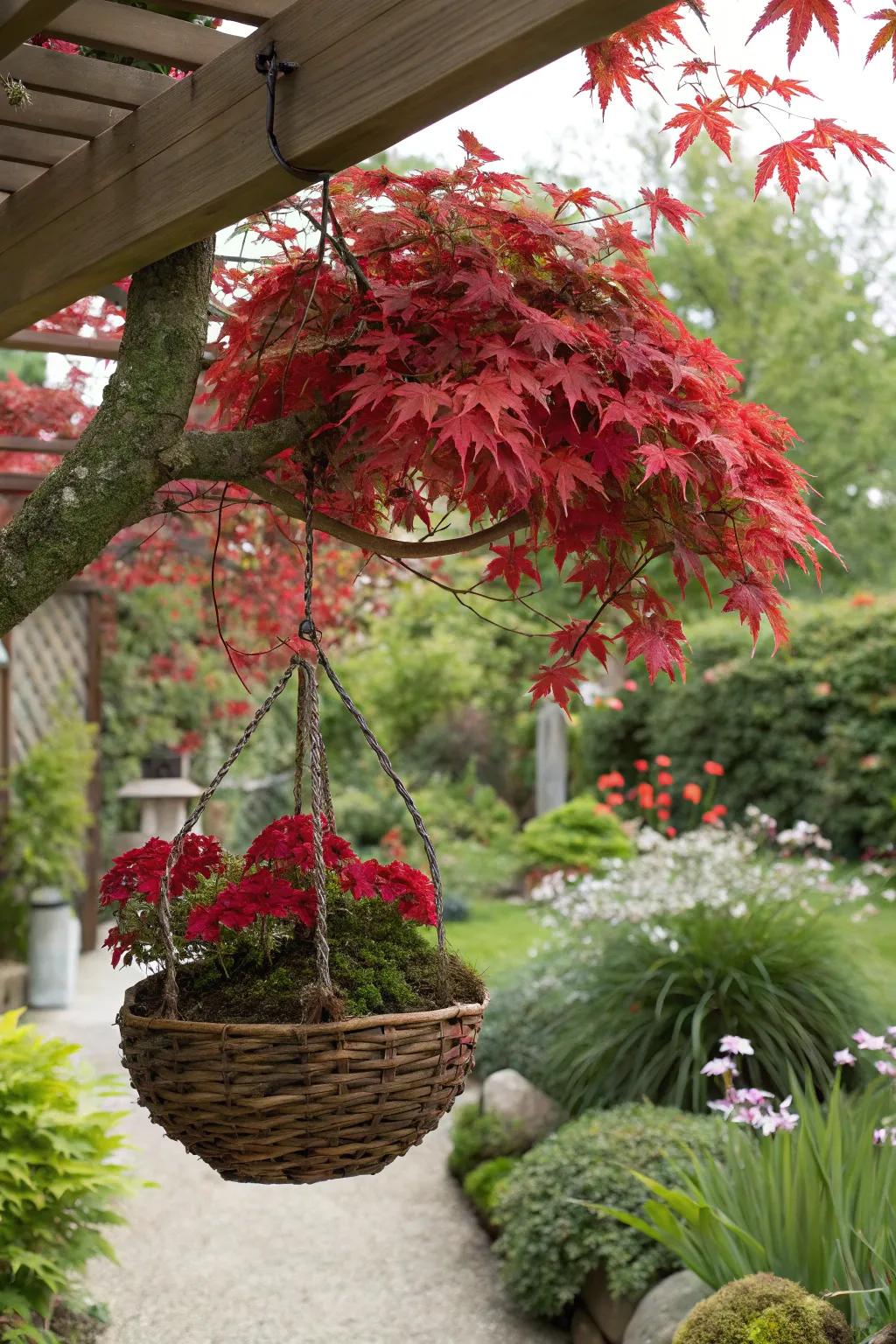 Suspended Japanese maple thriving in a stylish hanging basket.