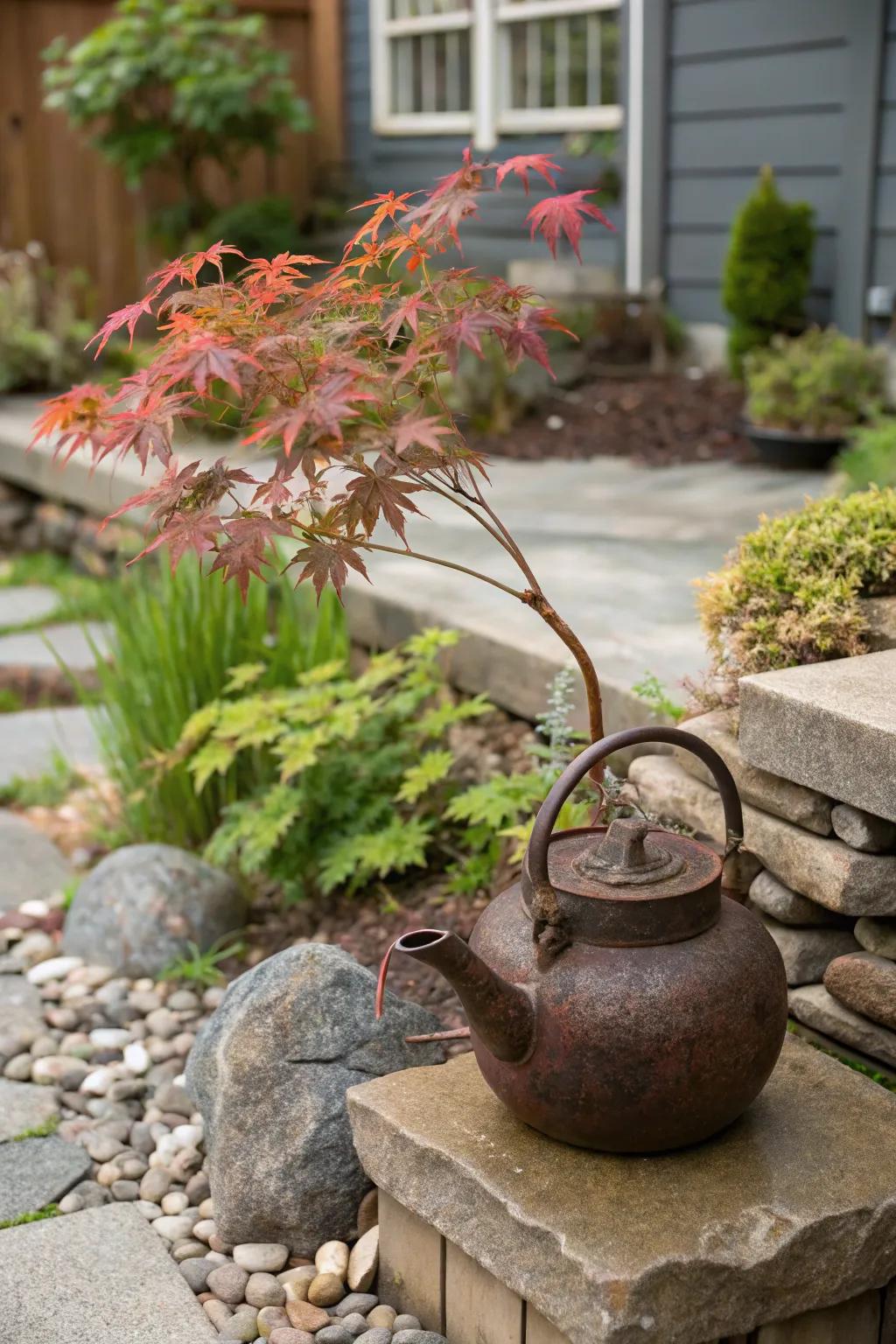 Charming Japanese maple growing in a repurposed antique kettle.