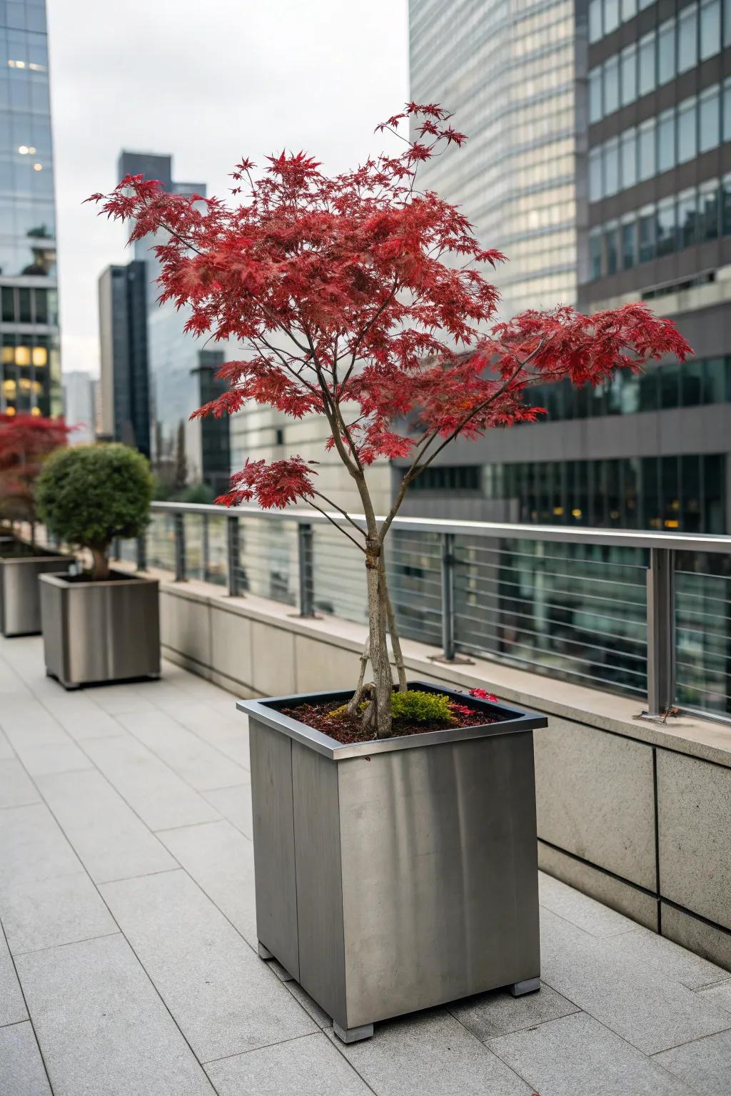 Japanese maple juxtaposed with sleek metal planter for industrial vibe.
