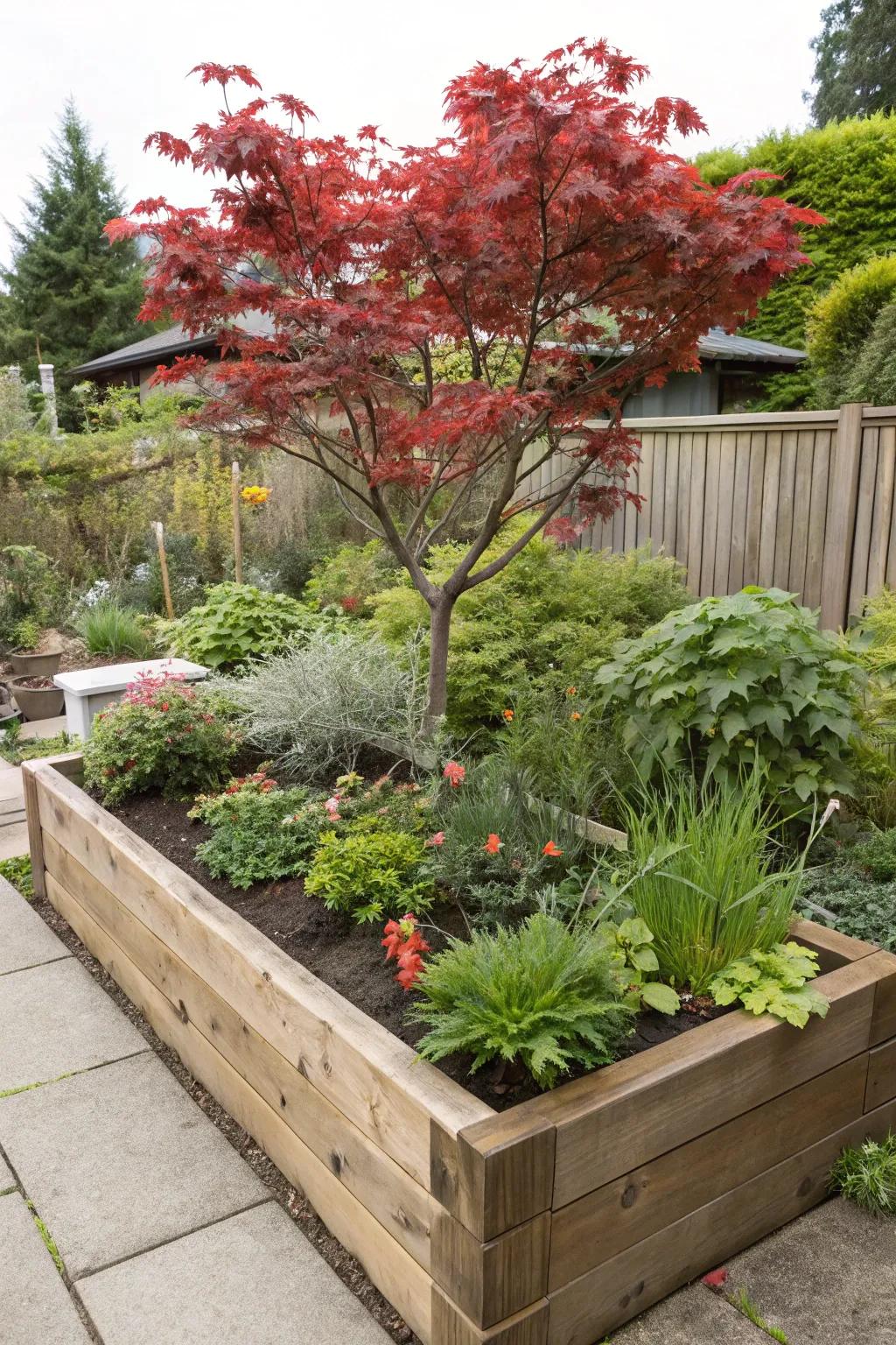Elegantly showcased Japanese maple thriving in a raised garden bed.