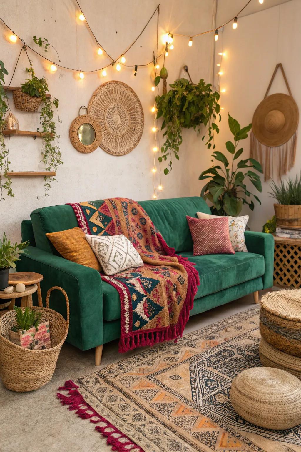 Bohemian elements complement the emerald green sofa.