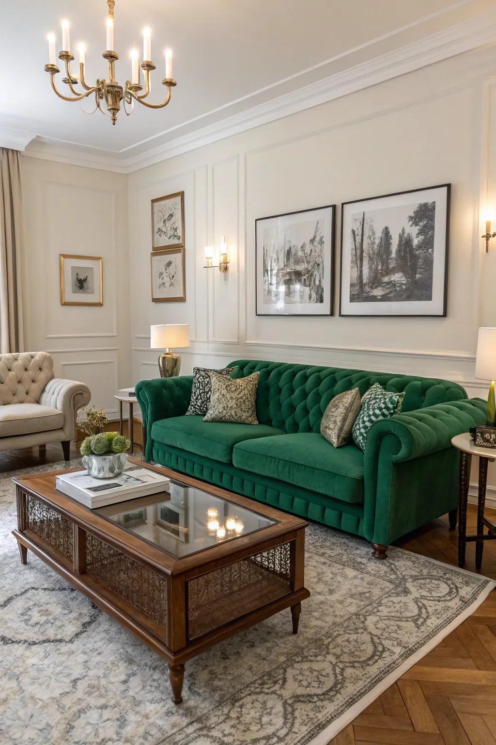 A blend of modern and classic styles with an emerald sofa.