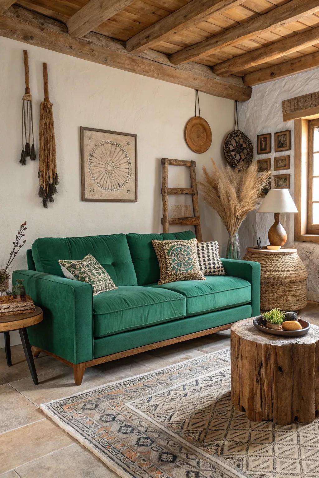 Rustic elements complement the natural feel of the emerald sofa.