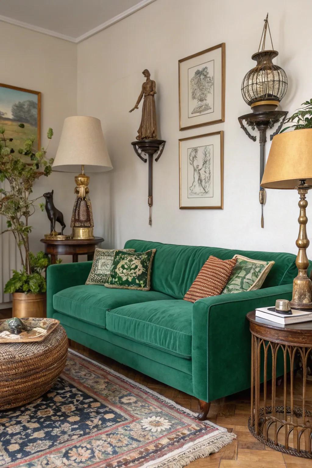 Eclectic accessories bring character to an emerald green sofa.