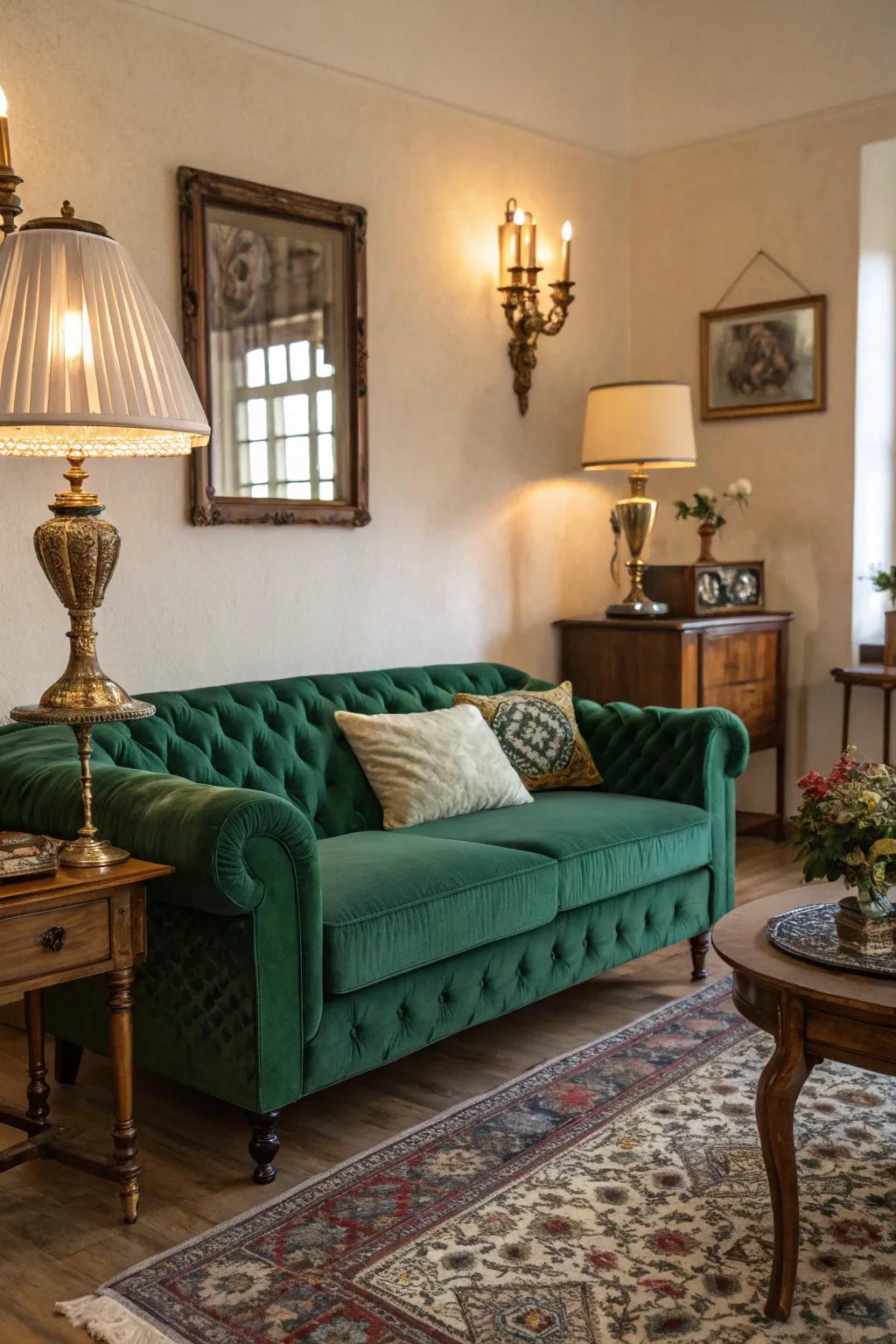 Vintage touches add charm to the emerald green sofa setting.