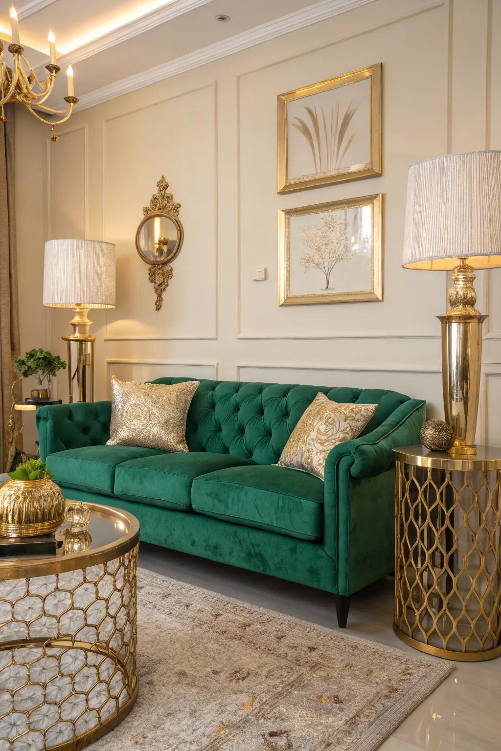 Gold accents add a luxurious touch to an emerald green sofa.