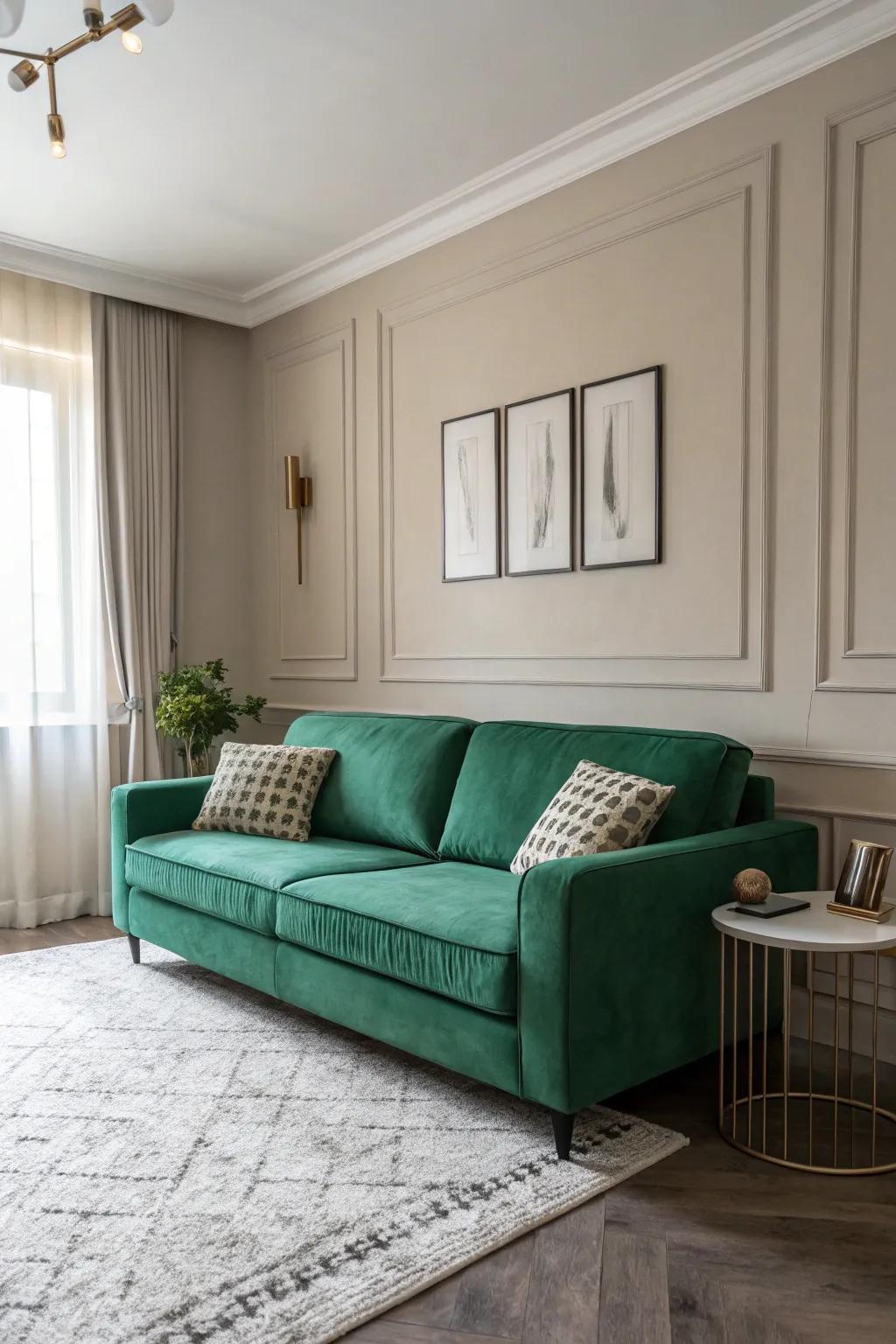 Emerald green sofa beautifully contrasted by neutral walls.