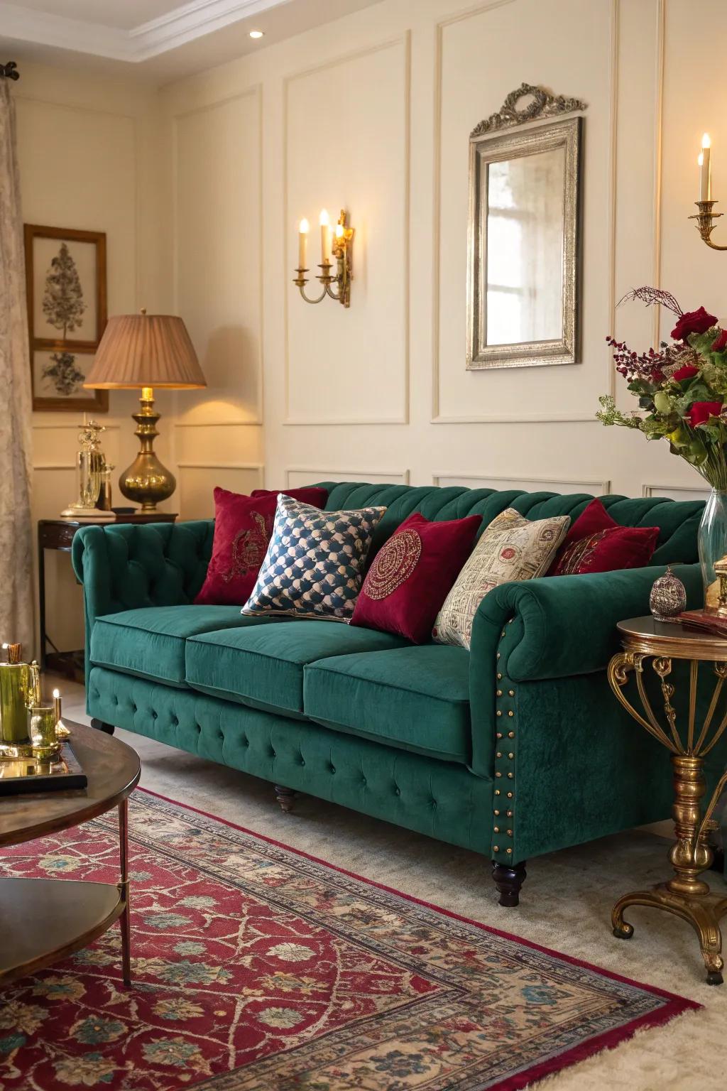 A bold jewel-toned palette enhances the emerald sofa.