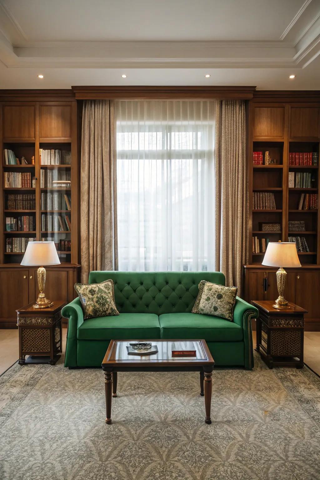 Symmetry around the emerald sofa creates balance.
