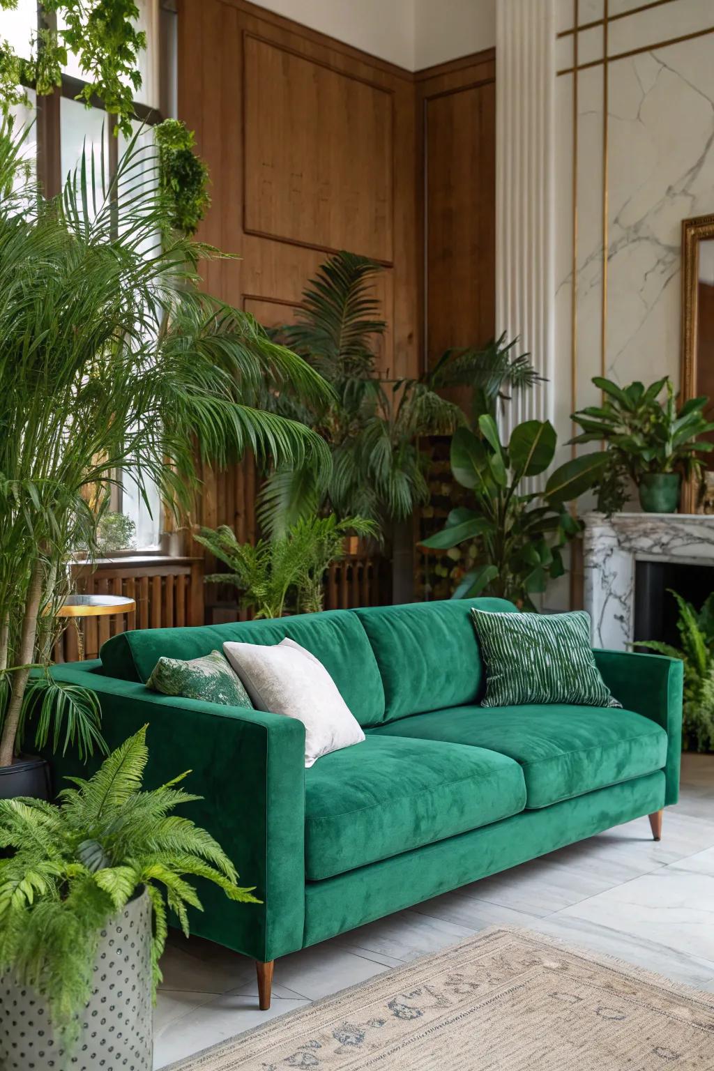 Indoor plants harmonize beautifully with an emerald sofa.