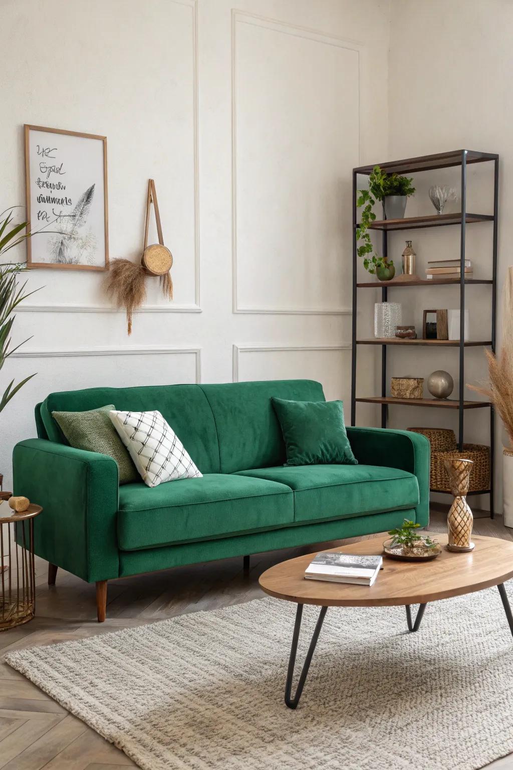 A minimalist approach lets the emerald green sofa shine.