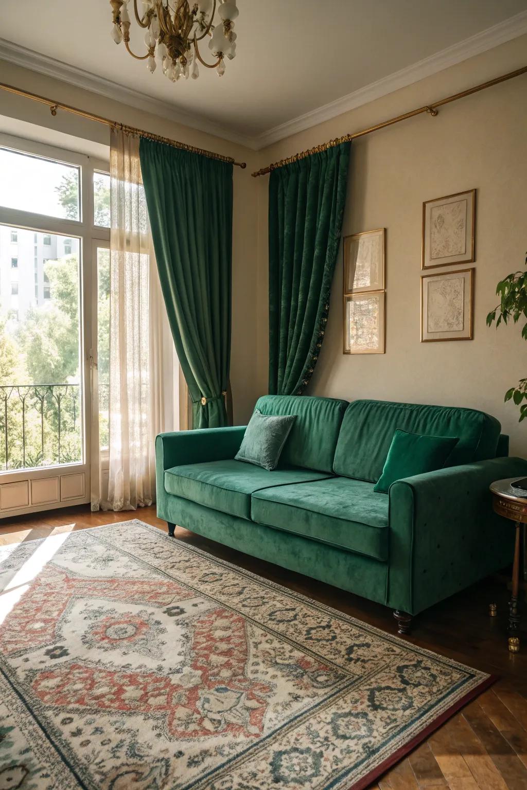 Patterned elements add dimension to an emerald green sofa setting.