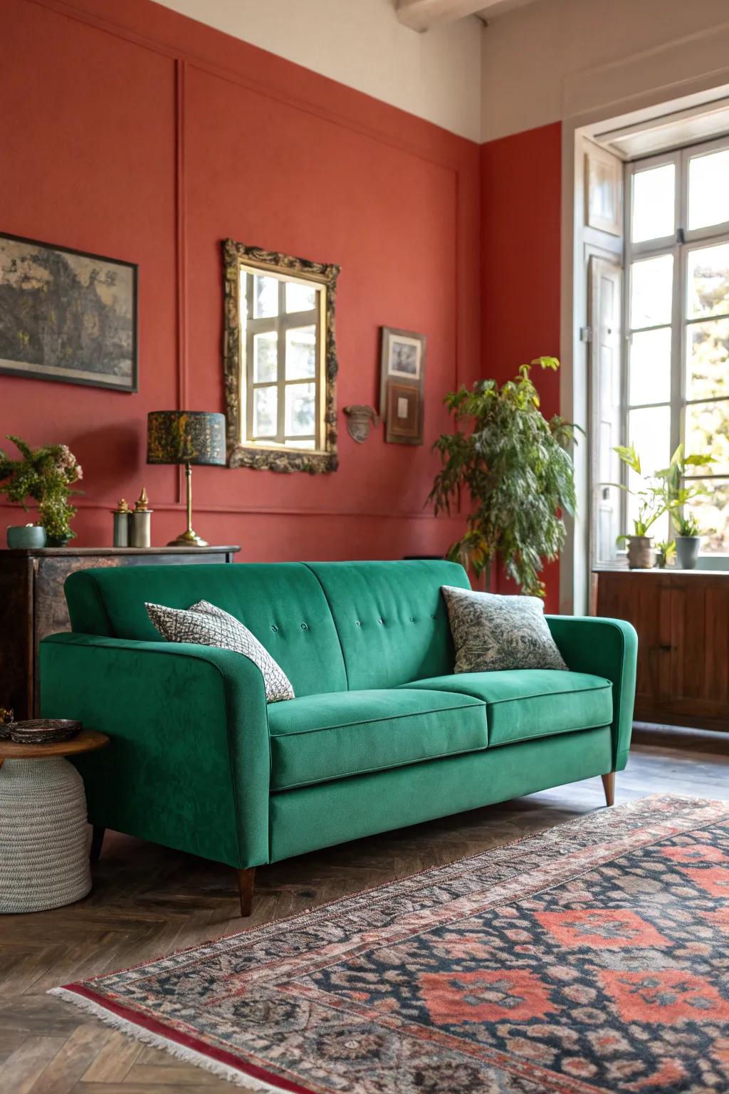 A bold accent wall frames the emerald green sofa beautifully.