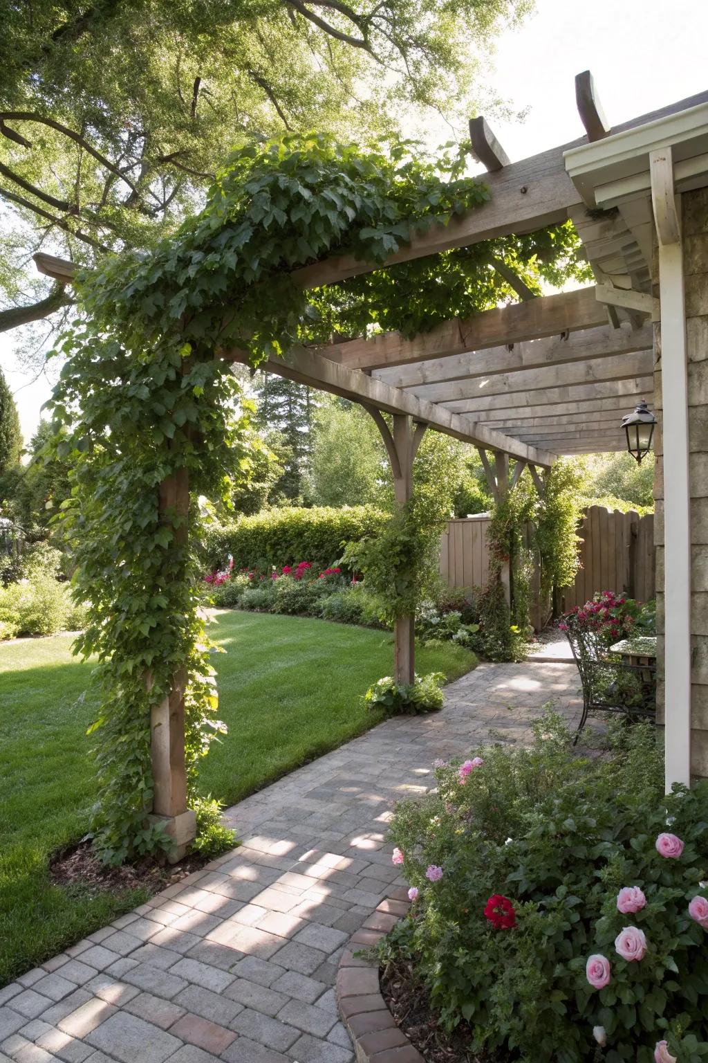 Stylish pergola providing shade and beauty in a backyard.