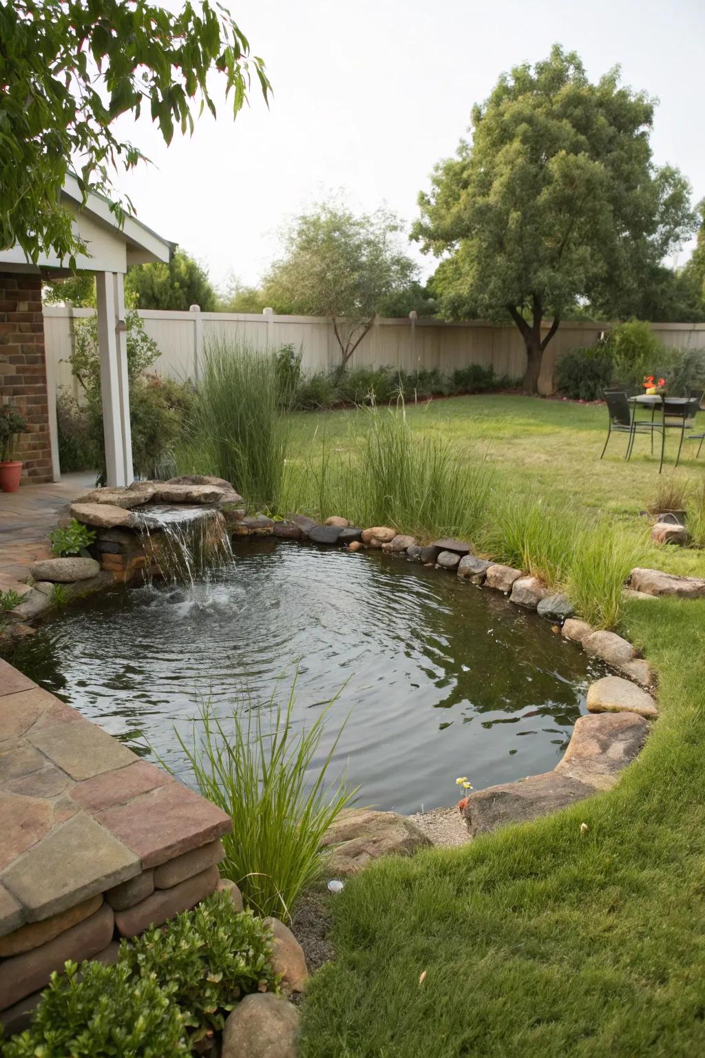 Backyard water fountain surrounded by plants.