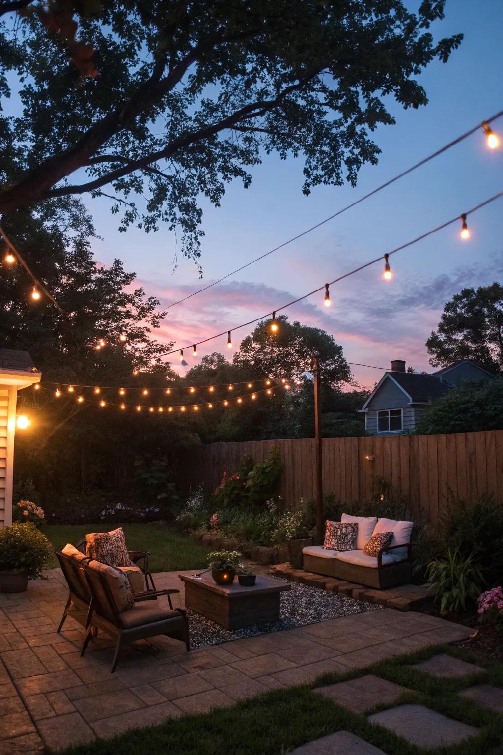 Soft outdoor lighting enhancing the ambiance of a backyard space.