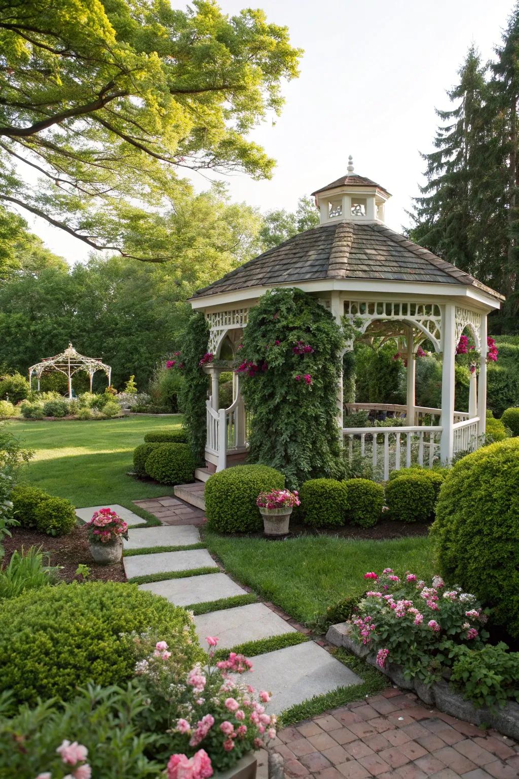 Classic wooden gazebo adding charm and shelter in backyard.