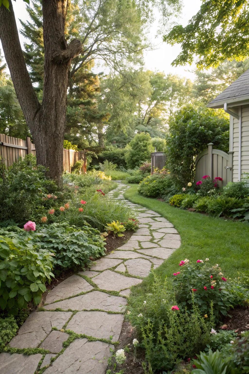 Curved stone pathway weaving through a garden.