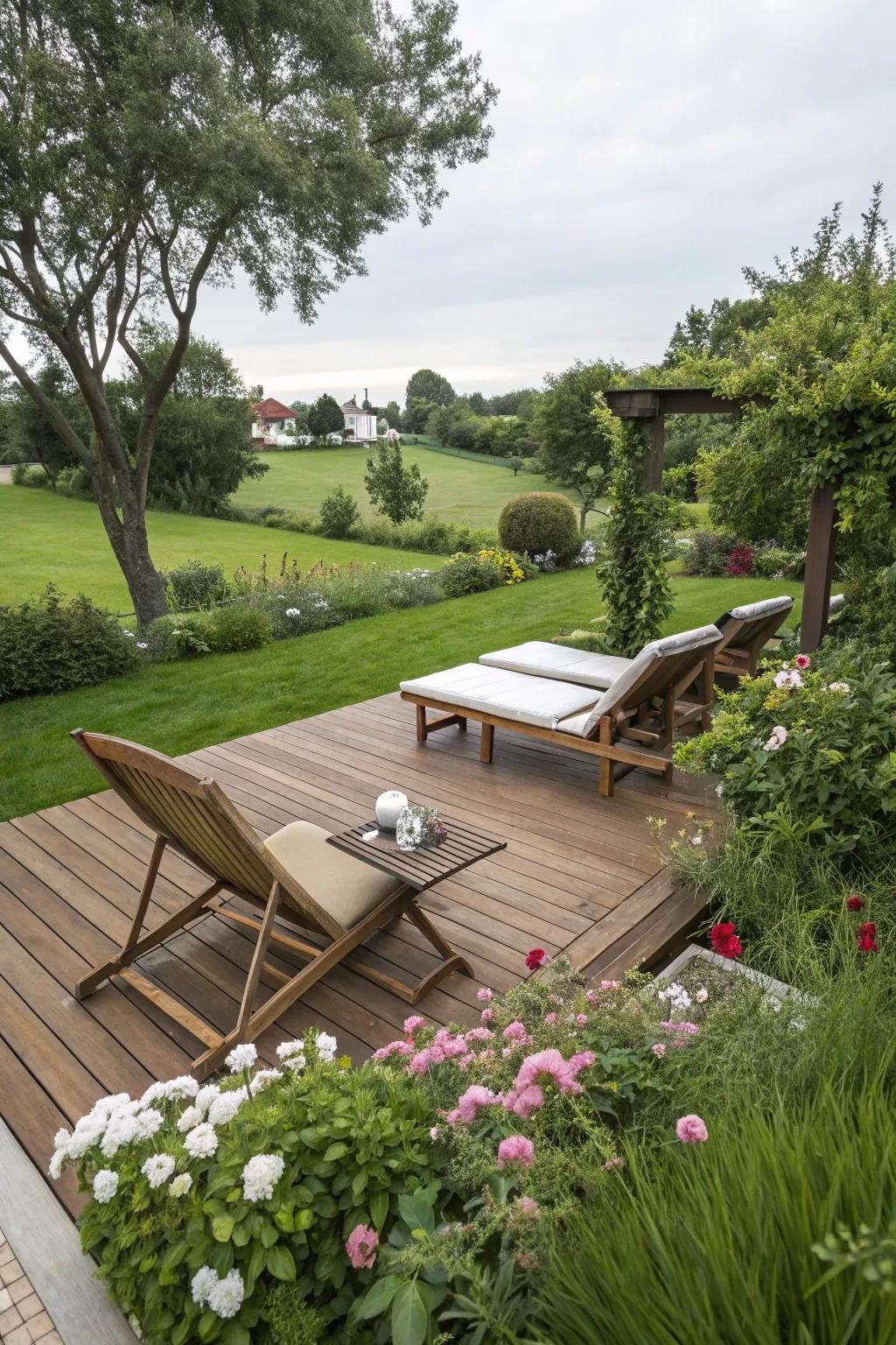 Spacious backyard deck with seating and sunlight.