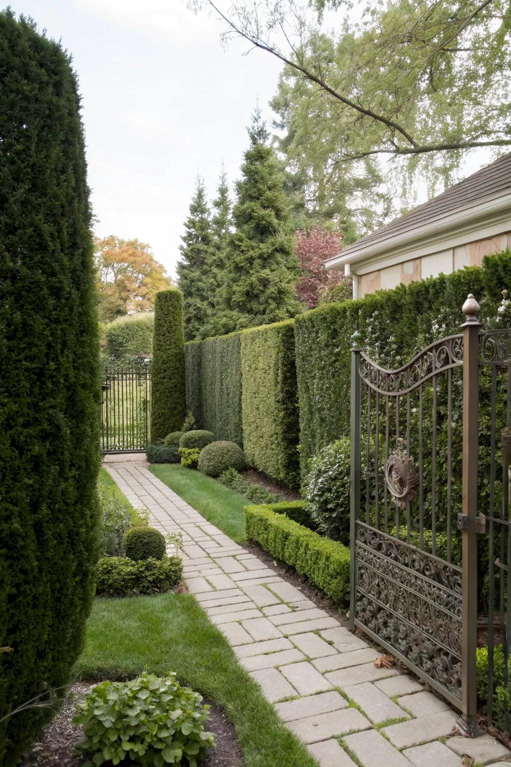 Secluded backyard oasis with privacy screens and foliage.