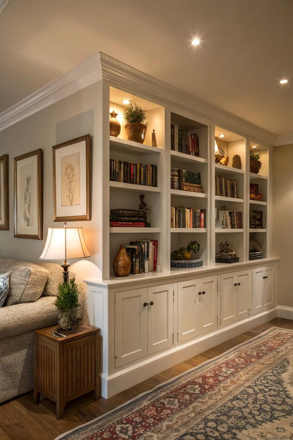 Corner with sleek built-in shelves displaying books and decor items.