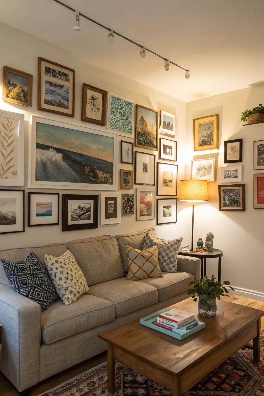 Artistic gallery wall showcasing various artworks in a corner.