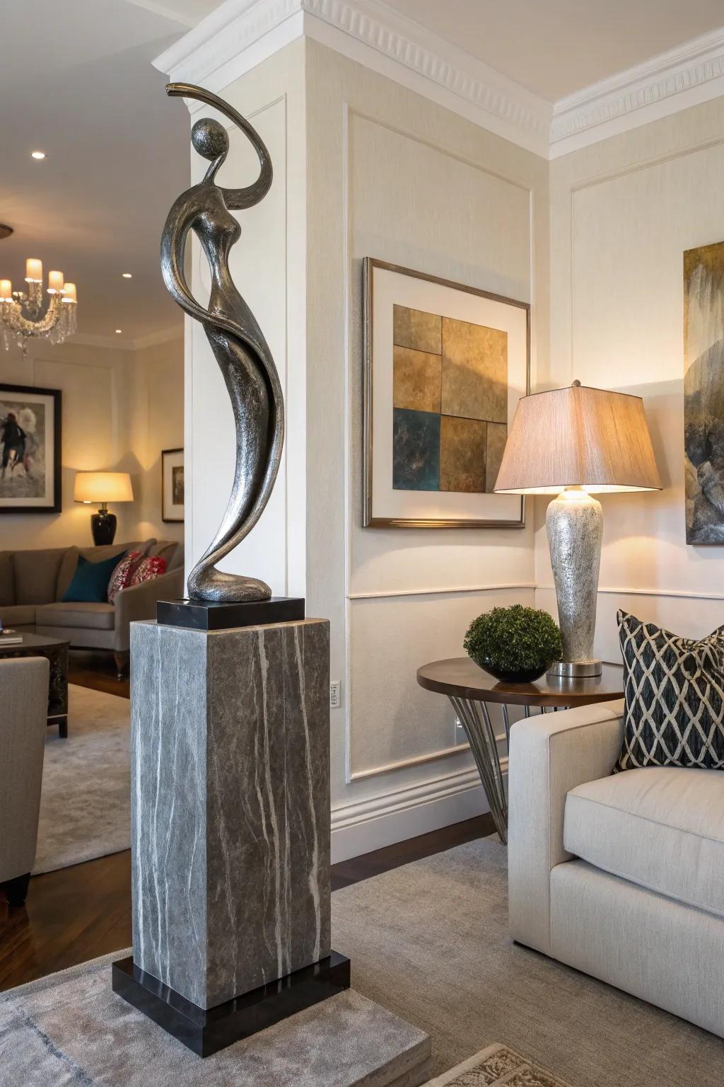 Artistic sculpture serving as a centerpiece in a corner.