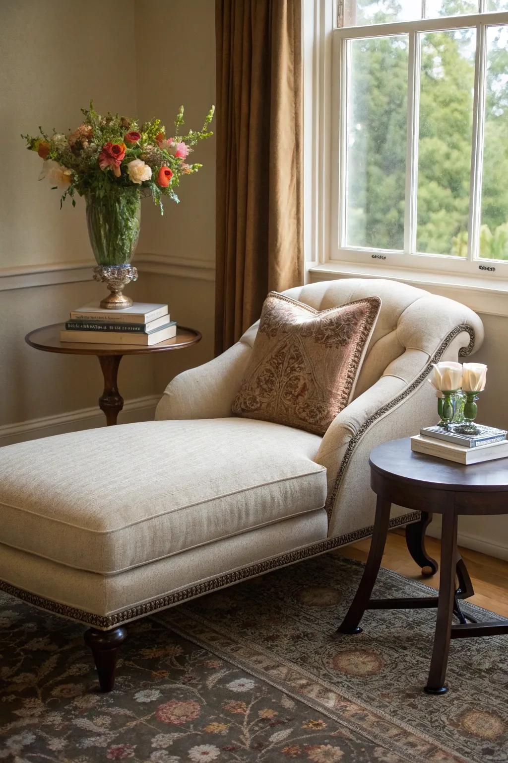 A cozy chaise lounge enhancing a corner space for relaxation.