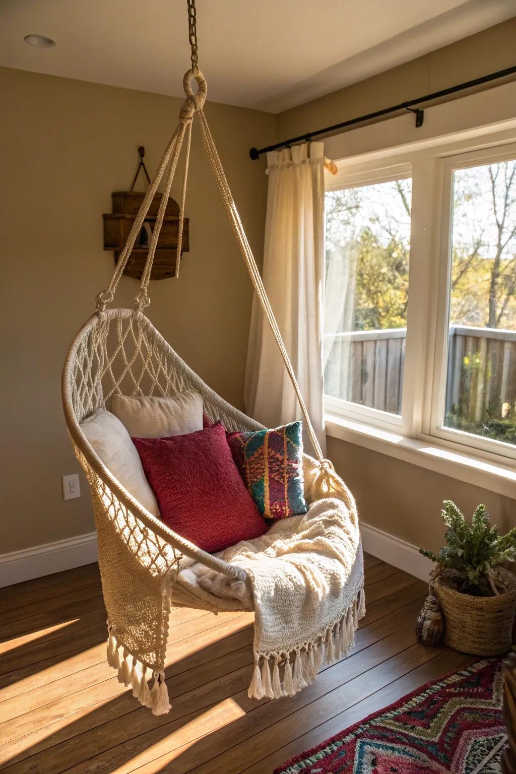 Hammock chair hung in the corner adding a relaxed boho atmosphere.
