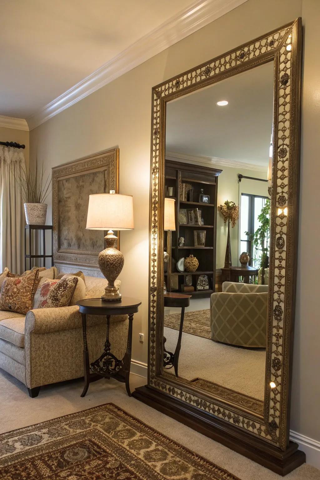 Elegant wall mirror expanding light and adding style to a corner.
