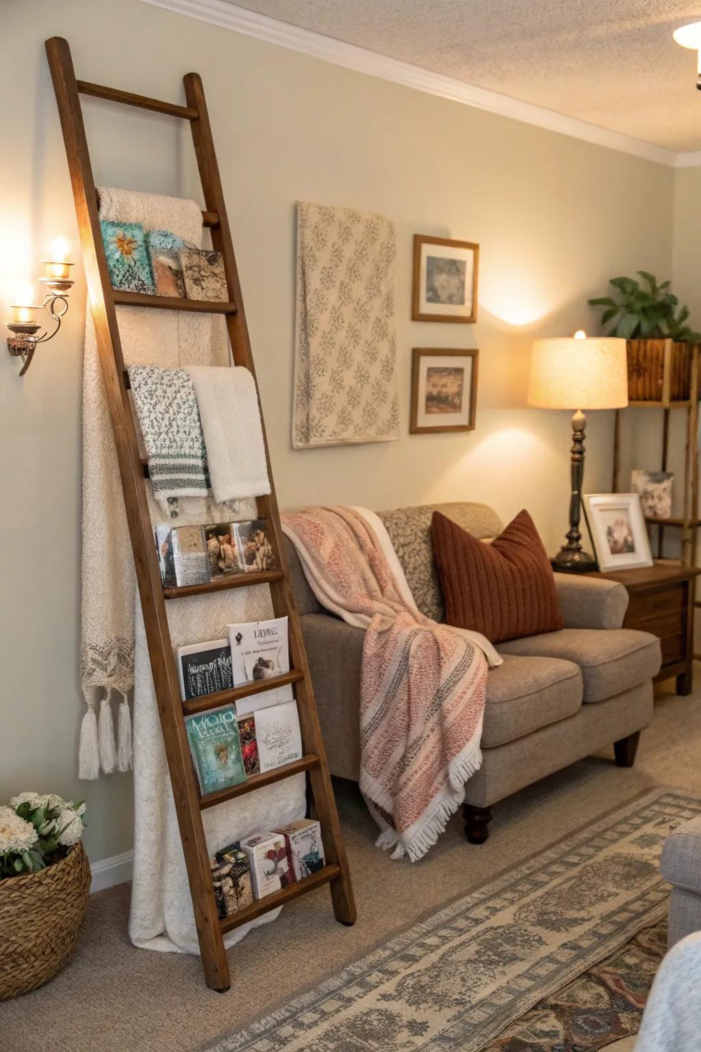 Rustic decorative ladder used for storing blankets and magazines.