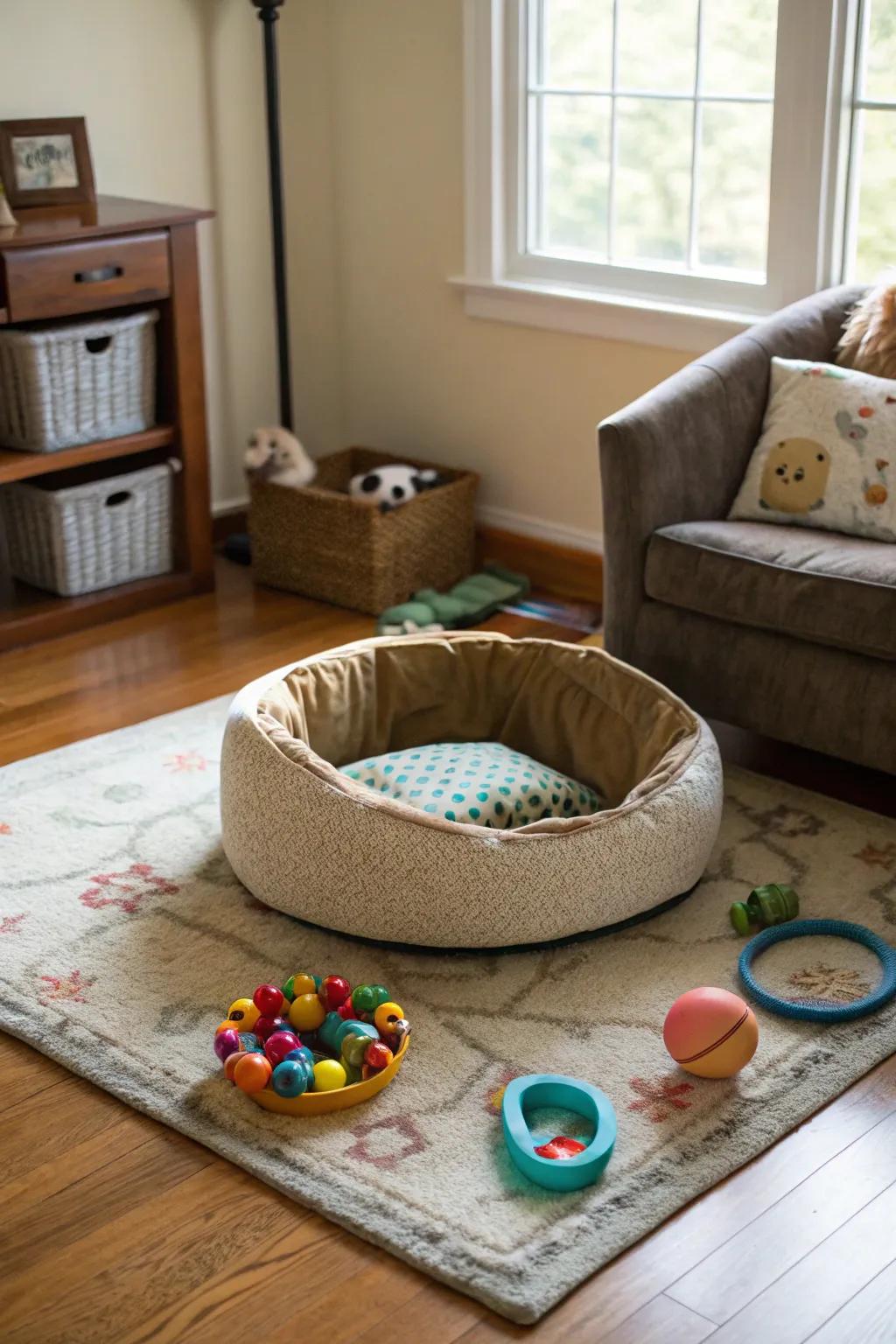 Dedicated pet corner with comfortable bed and toys.