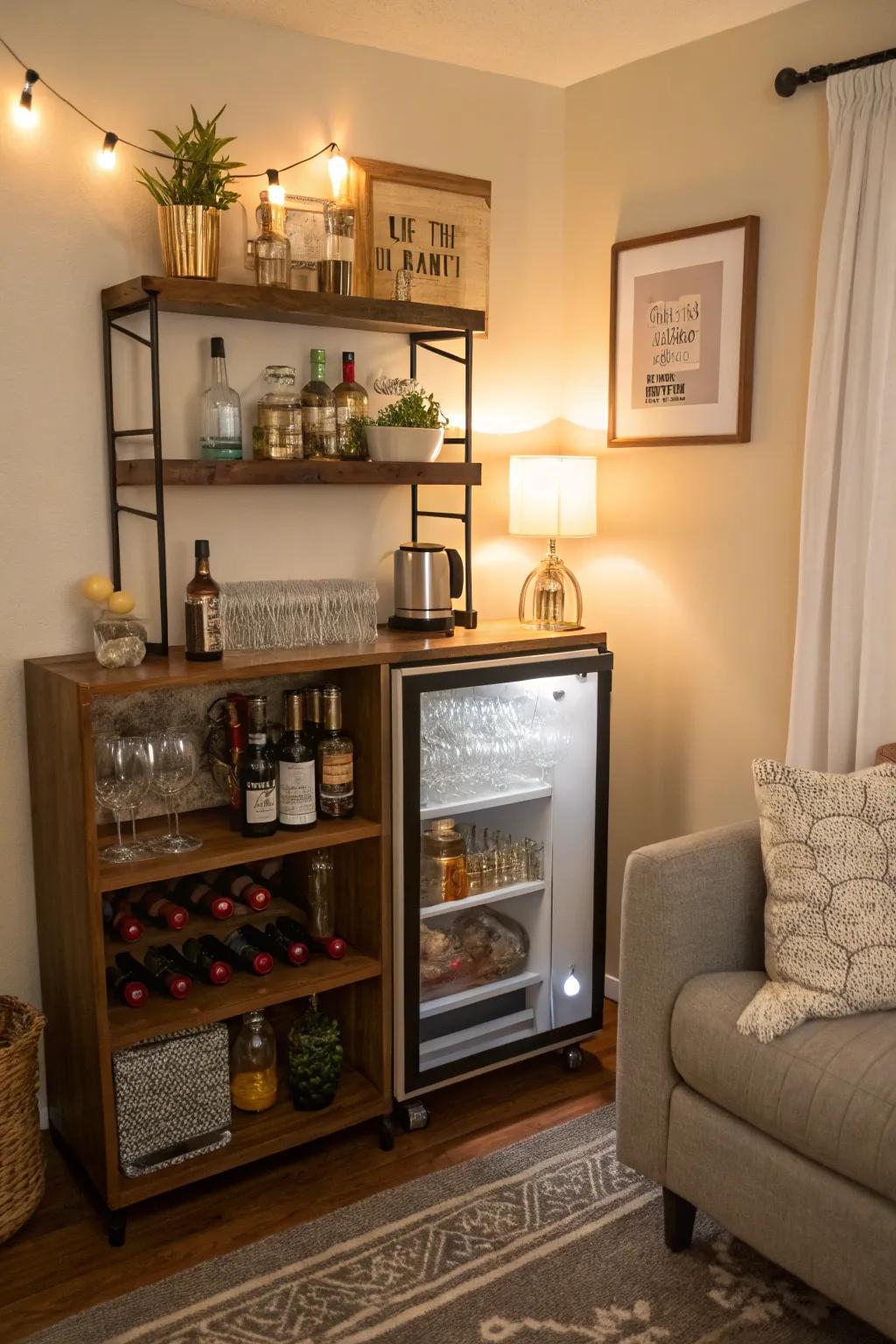 Sophisticated corner bar setup with storage and display.