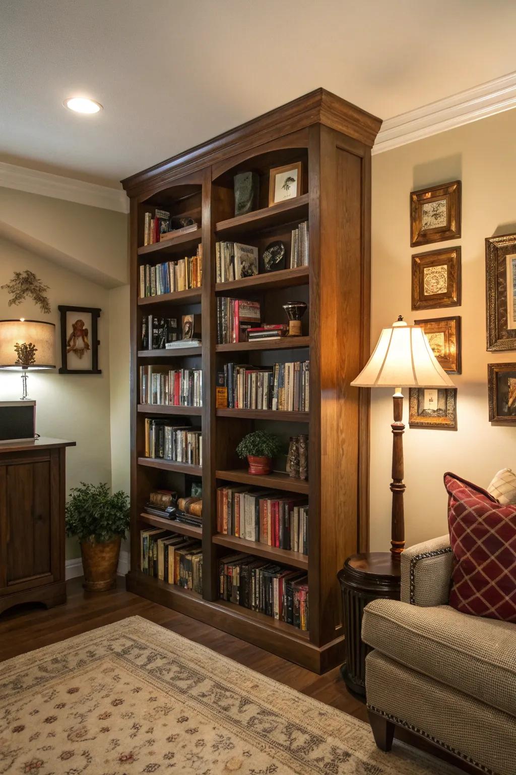 Tall bookshelf utilizing vertical corner space for books and decor.
