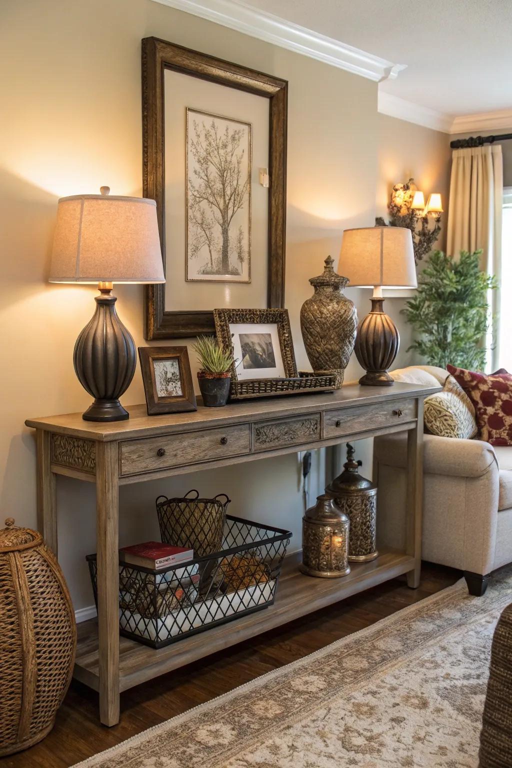 Stylish console table providing storage and display space.