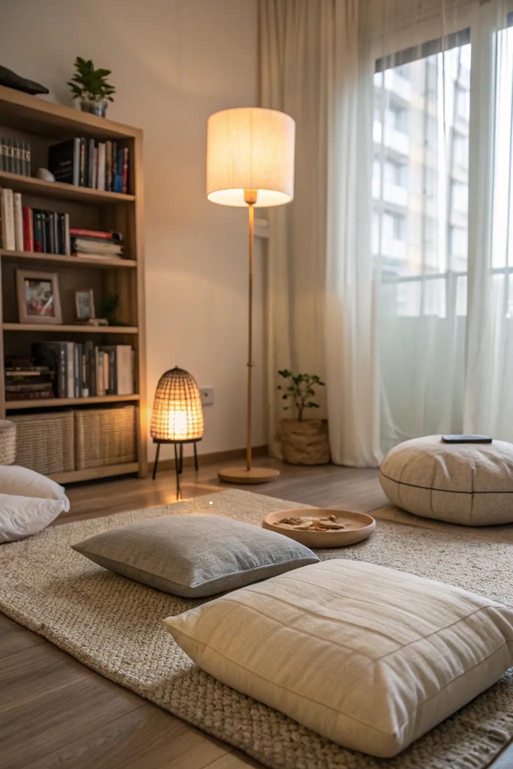 Corner space transformed into a calm, meditative retreat.