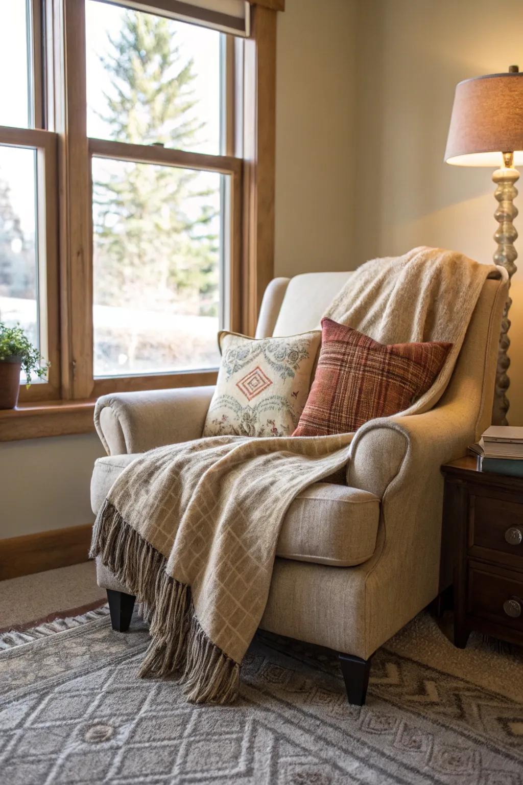 Corner seating area designed for comfort and relaxation.