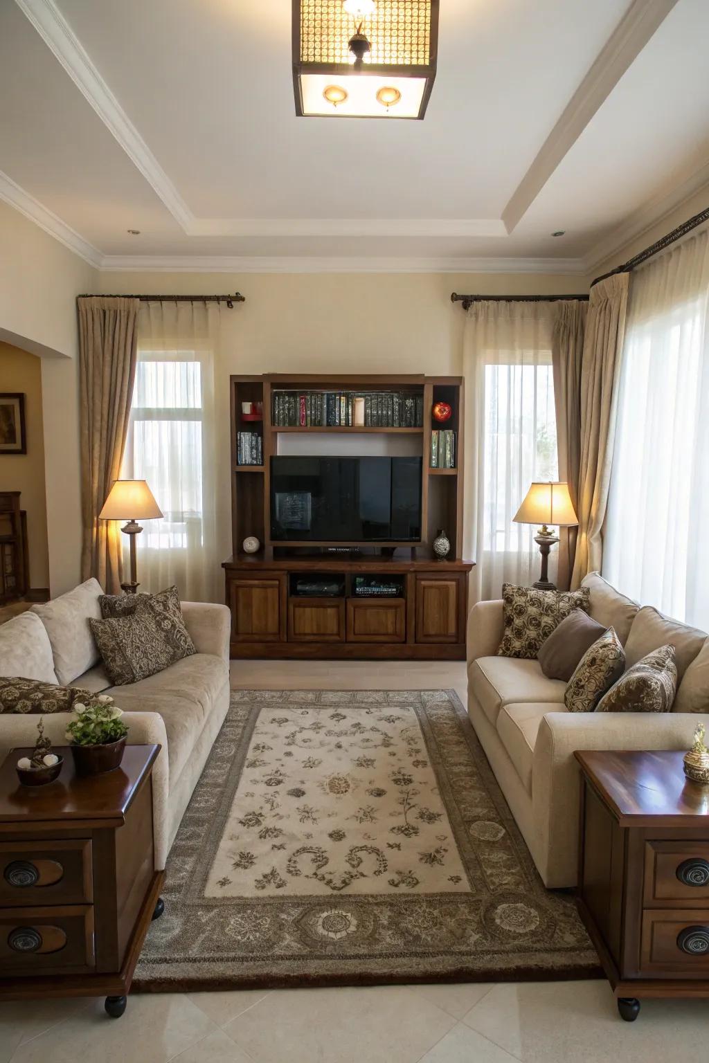 Symmetry creates an inviting and orderly TV wall decor.