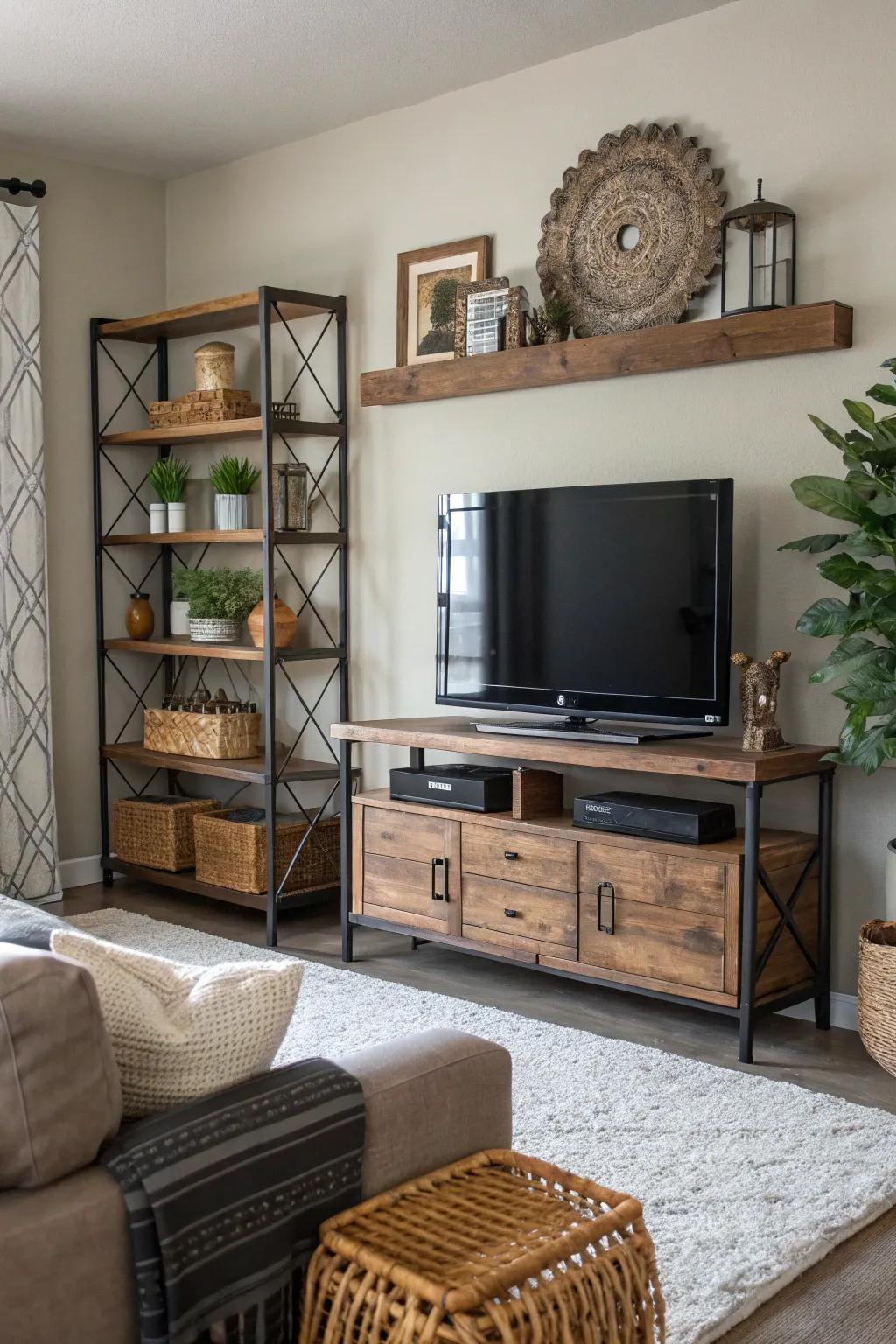 Diverse textures enhance warmth and visual interest near TV setups.
